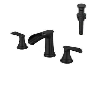 Waterfall 8 Inch Widespread Double Handle Brass Bathroom Faucet with Pop Up Drain and Water Supply Hoses in Matte Black