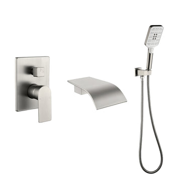 Wall Mount Single Handle 3 Spray Tub and Shower Faucet with Handheld Shower Head in Brushed Nickel Valve Included