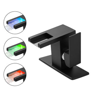 Single Handle Single Hole Bathroom Faucet Matte Black with Deck Plate LED Temperature Sensor Waterfall Spout