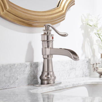 Single Handle Single Hole Bathroom Faucet with Deckplate Included, Pop Up Drain and Water Supply Hoses in Brushed Nickel