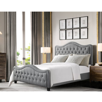 Upholstered Bed with Curved Headboard and Footboard Button Tufted Platform Bed Sturdy Solid Wood Frame