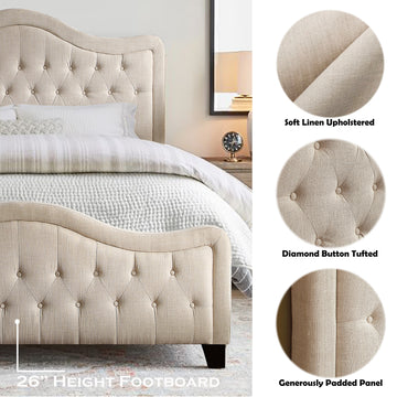 Upholstered Bed with Curved Headboard and Footboard Button Tufted Platform Bed Sturdy Solid Wood Frame