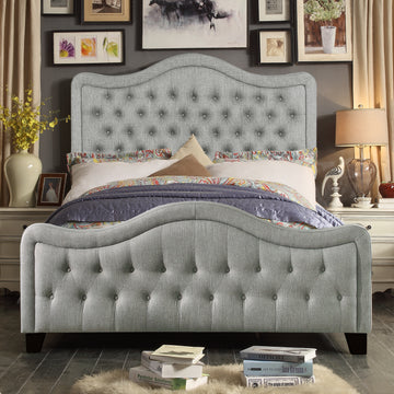 Upholstered Bed with Curved Headboard and Footboard Button Tufted Platform Bed Sturdy Solid Wood Frame