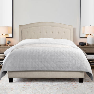 Upholstered Bed with Curved Button Tufted Headboard Modern Platform Bed Frame Solid Wood Structure