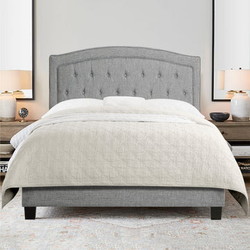 Upholstered Bed with Curved Button Tufted Headboard Modern Platform Bed Frame Solid Wood Structure