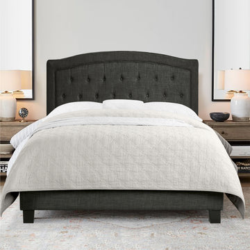 Upholstered Bed with Curved Button Tufted Headboard Modern Platform Bed Frame Solid Wood Structure