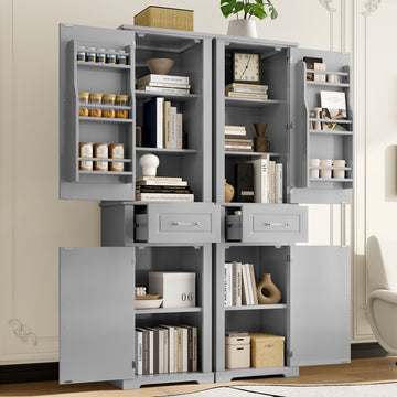 Tall Storage Cabinet with Four Doors Adjustable Shelf Door Rack MDF Painted Finish Grey