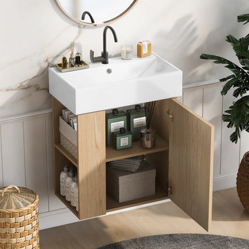21.6 Inch Modern Floating Bathroom Vanity with Ceramic Basin and Left Side Storage