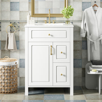 24 Inch White Bathroom Vanity with Ceramic Sink Soft Close Door 2 Soft Close Drawers Double Door Racks Solid Wood & MDF