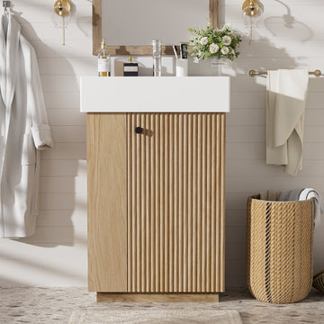 21.6 Inch Bathroom Vanity with Ceramic Sink Wood Grain Cabinet Right Door Soft Close and Open Storage