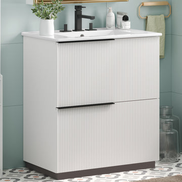 30 Inch Bathroom Vanity with Ceramic Sink Full Extension Drawers Soft Close Fluted Design White
