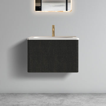 24 Inch Striped Brushed Black Oak Floating Bathroom Vanity with White Ceramic Sink One Piece Basin Pre Assembled