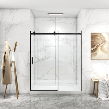 56"-60"W x 70"H Frameless Sliding Shower Door, 8mm Tempered Glass, Double-Sided Easy Clean Coating, Matte Black Finish with Buffer