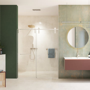 56"-60"W x 70"H Frameless Single Sliding Shower Door, 8mm Tempered Glass, Towel Bar, Brushed Nickel, Easy Clean Coating with Buffer