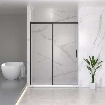 56"-60"W x 74"H Semi-Frameless Sliding Shower Door, 6mm Tempered Glass, Matte Black, Adjustable Width – No Cutting Required