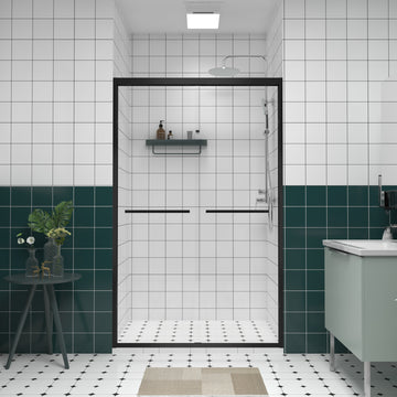 44-48"x76" Aluminum Frame Double Sliding Shower Door, 1/4" (6mm) Clear Tempered Glass, Matte Black Hardware, Bypass Shower Enclosure