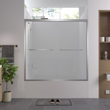 56-60"x58" Aluminum Frame Double Sliding Bathtub Screen, 1/4" (6mm) Clear Tempered Glass, Chrome Hardware, Bypass Tub Enclosure