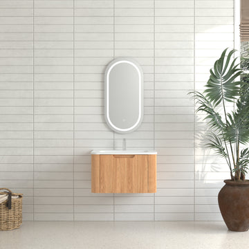 24" Wall-Mounted Floating Bathroom Vanity, Pre-Assembled Curved Edge Cabinet in Natural Walnut with White Ceramic Basin, Soft-Close Drawer