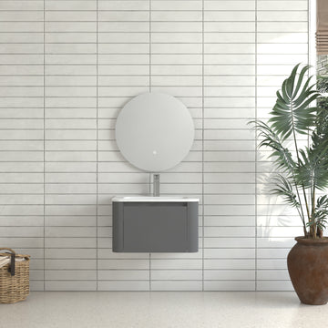 24" Grey Wall-Mounted Floating Bathroom Vanity with Soft-Close Drawer, White Ceramic Integrated Basin, PET Waterproof Finish, Pre-Drilled for Easy Installation