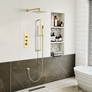 Wall-Mounted 2 GPM Bathroom Shower Faucets Set with Sliding Bar, 10-Inch Square Rainfall Shower Head and Handheld Shower  (Brushed Gold)