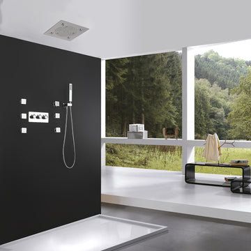 Thermostatic 12 in. Ceiling Mount LED Rainfall Shower System with 6 Side Jet Bathroom Shower Mixer Set