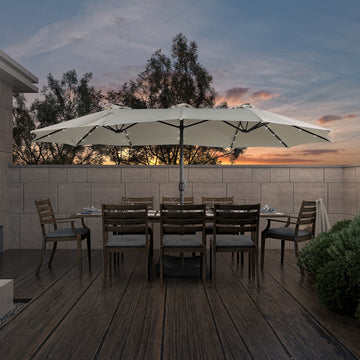 15ft Patio Market Umbrella with Base and Solar Light in Beige