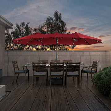 15ft Patio Market Umbrella with Base and Solar Light in Burgundy