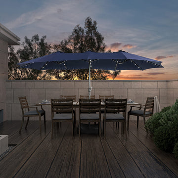 15ft Patio Market Umbrella with Base and Solar Light in Navy Blue