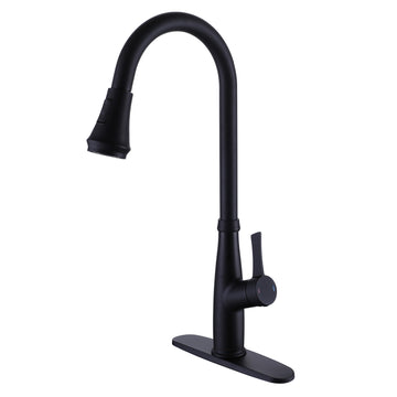 Single-Handle Pull-Down Sprayer Kitchen Faucet with Flexible House and Deck Plate in Black