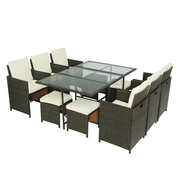 11-Piece Wicker Outdoor Dining Set with Beige Cushion