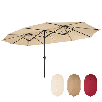 15x9ft Large Double-Sided Rectangular Outdoor Aluminum Twin Patio Market Umbrella w/Crank-tan