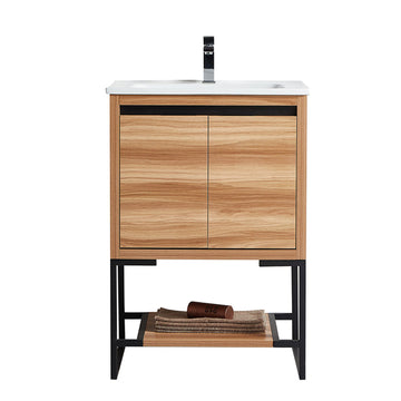 24 in. Maple Freestanding Bathroom Vanity Cabinet with Ceramics Counter Top