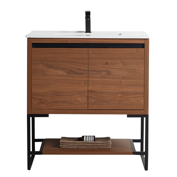 Brown Ebony Freestanding Bath Vanity Cabinet with Ceramics Vanity Top in White with White Basin