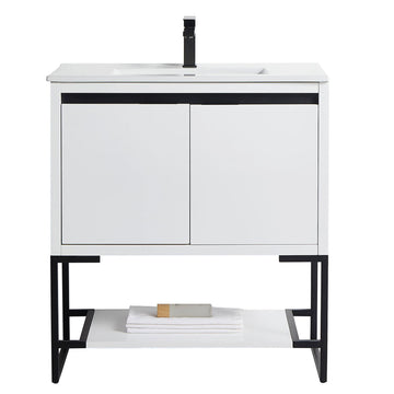 30 in. Freestanding Bath Vanity White Matt with Ceramics Vanity Top in White with White Basin