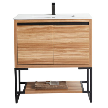 32 in. Maple Freestanding Bathroom Vanity Cabinet with Ceramics Counter Top