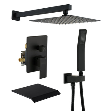 Boyel Living 2 GPM 12 in. Wall Mount Dual Shower Heads, Shower System with Large Waterfall Tub Faucet in Matte Black