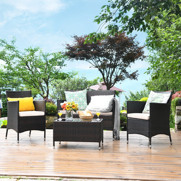 4 Pieces Rattan Sofa Set with Glass Table and Comfortable Wicker for Outdoor Patio