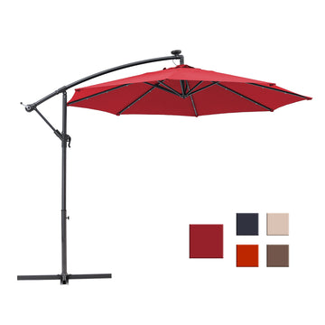 10-Ft Solar Light Banana Hanging Patio Umbrella with Cross Base(Burgundy)