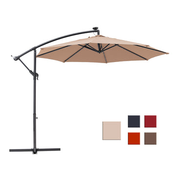 10-Ft Solar Light Banana Hanging Patio Umbrella with Cross Base(Beige)