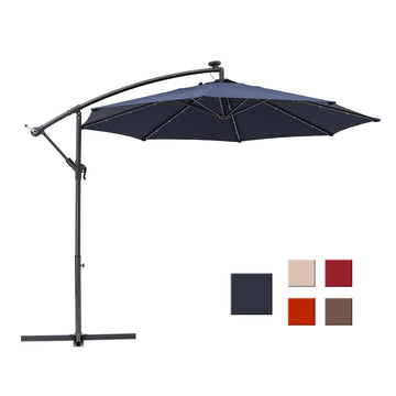 10-Ft Solar Light Banana Hanging Patio Umbrella with Cross Base(Navy)