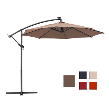 10-Ft Solar Light Banana Hanging Patio Umbrella with Cross Base(Tan)