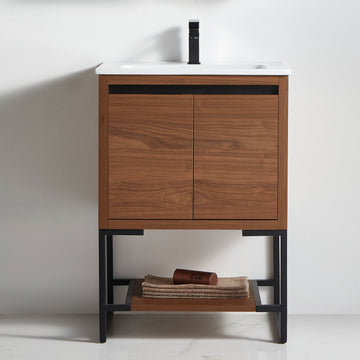 24 in. Freestanding Brown Ebony Bath Vanity Cabinet with Ceramics Vanity Top in White with White Basin