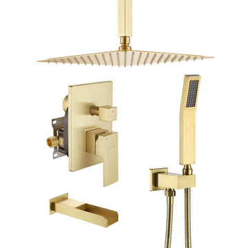 Boyel Living Shower System with Handheld Shower and Tub Spout, 12 in. Single-Handle Ceiling Mounted Dual Shower Heads in Brushed Gold