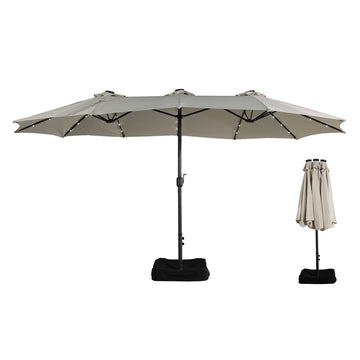 15ft Patio Market Umbrella with Base and Solar Light in Beige