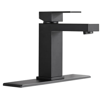 Black Single Hole Single Handle Bathroom Faucet with Deck Plate and Water Supply Hoses