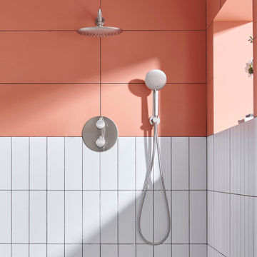 Wall Mount Thermostatic Round Rain Shower System with 5 Spray Patterns Handheld Shower in Brushed Nickel