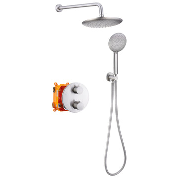 Wall Mount Thermostatic Round Rain Shower System with 5 Spray Patterns Handheld Shower in Brushed Nickel