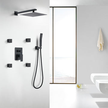 Waterfall Top Spray Wall Type Bathroom Shower System with Black 4 Side Spray Hot and Cold Body