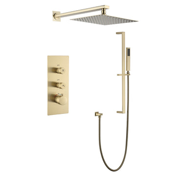 Wall-Mounted 2 GPM Bathroom Shower Faucets Set with Sliding Bar, 10-Inch Square Rainfall Shower Head and Handheld Shower (Brushed Gold)