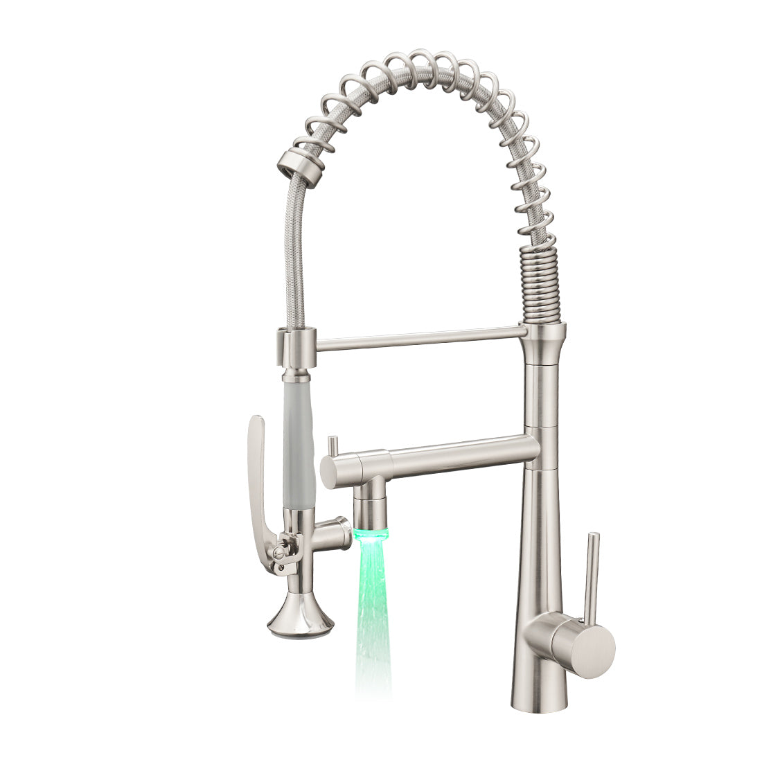 Contemporary Single Handle Gooseneck Pull Down Sprayer Kitchen Faucet with LED in Brushed Nickel
